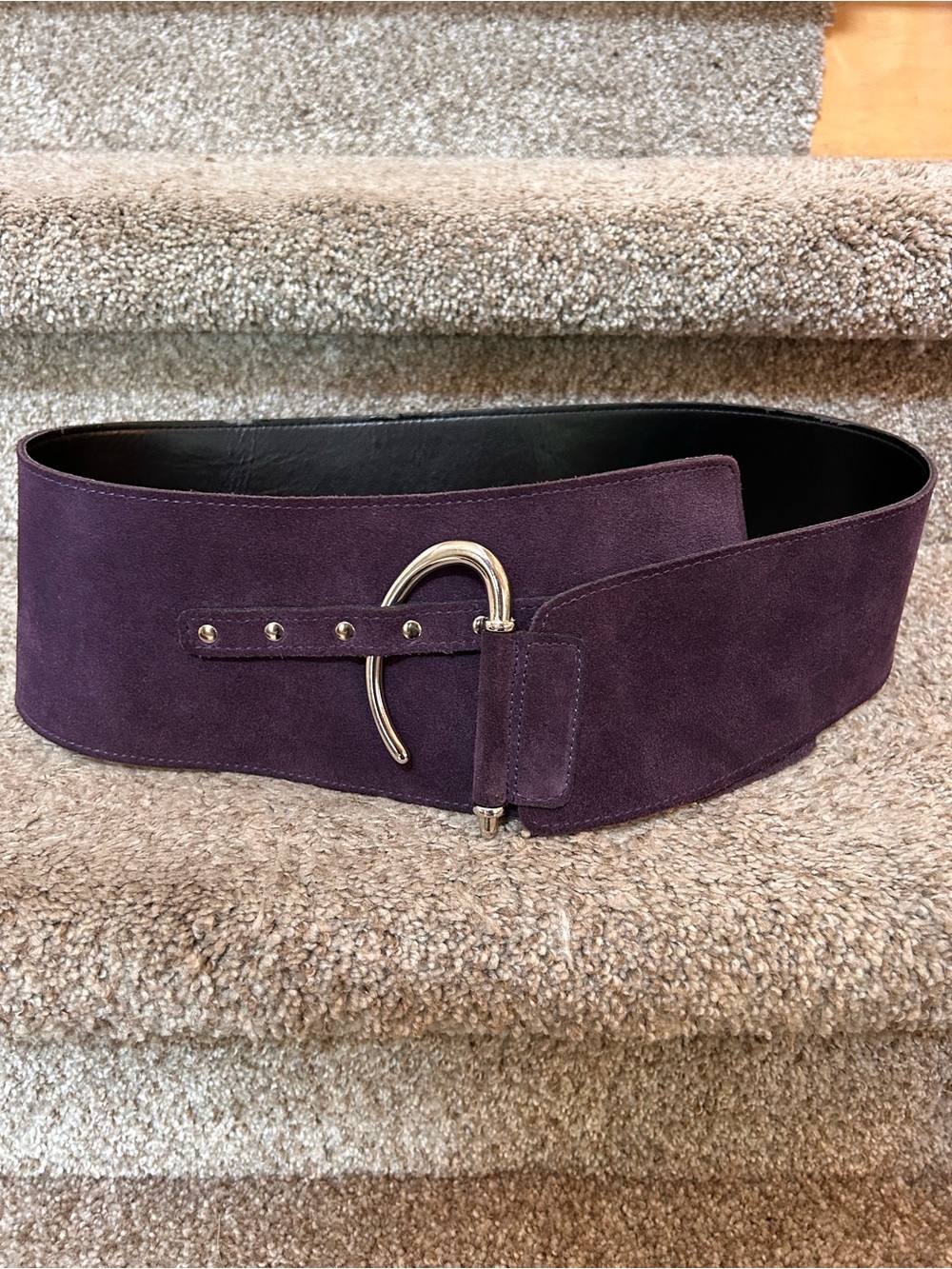 Made in Italy Purple Suede Leather Maximalist Wide Belt with large silver clasp
